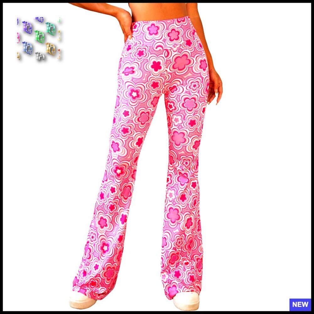 Floral Print High Waist Yoga Pants Wide Leg Bell Bottom Trousers Y2K Retro
